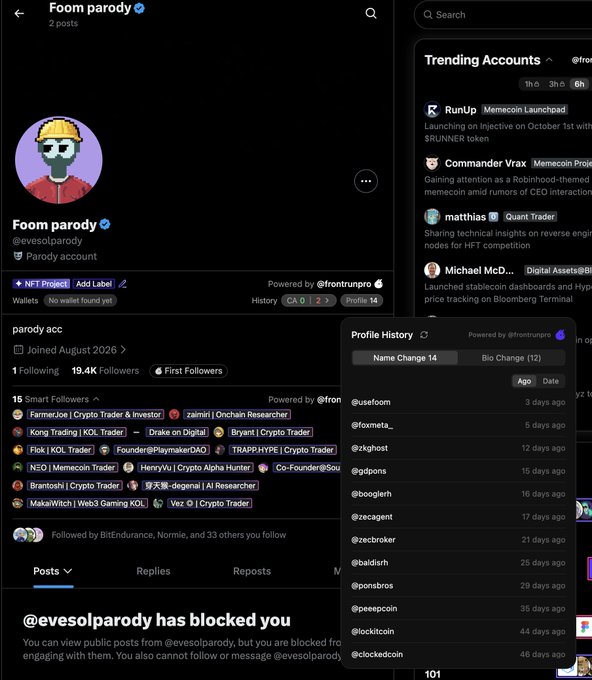 A social media profile page for "Foom parody" (@evesoparody) showing 19.4K followers, noting "@evesolparody has blocked you" at the bottom.