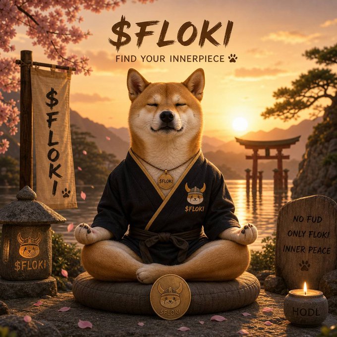 A stylized digital artwork of a Shiba Inu dog meditating in lotus position wearing a kimono with the '$FLOKI' logo, set against a Japanese landscape with cherry blossoms and a torii gate, accompanied by the text 'Find Your Innerpiece'.
