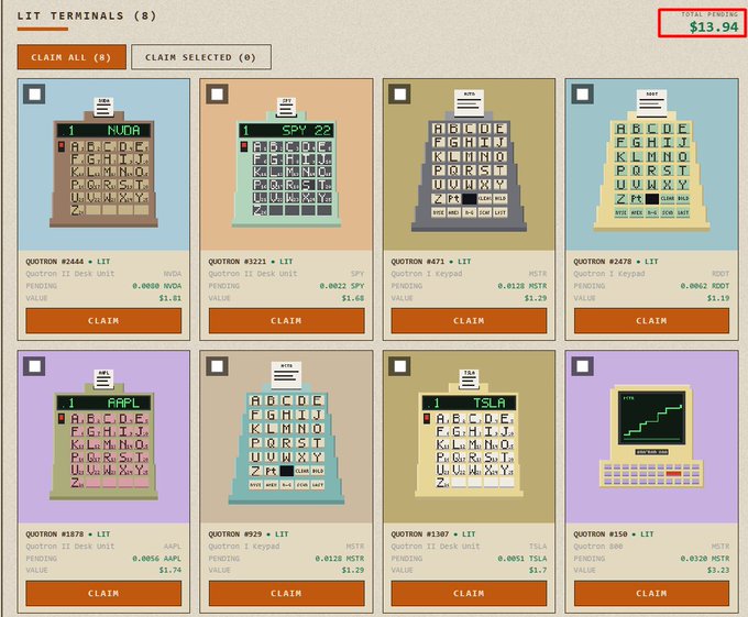 A dashboard showing 8 LIT Terminals with a total pending value of $13.94, displaying tickers like NVDA, SPY, MSTR, RDDT, AAPL, TSLA, along with prices and CLAIM buttons, directly illustrating the user's $45 earnings across 8 machines working in 14 hours.