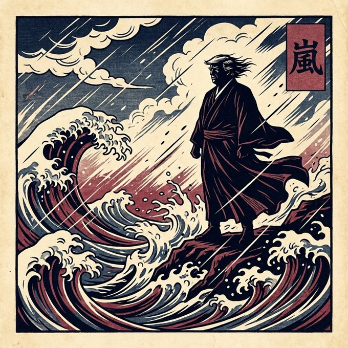 A Japanese ukiyo-e style illustration showing a figure in traditional robes standing on a rock amid stormy waves, with a red kanji character in the upper right.