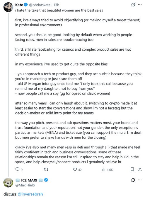 A Twitter thread by @ohdatskate discusses biases in sales, mentioning "JP Morgan" and a reference to "MENA" markets. The post relates to the image by sharing personal anecdotes and experiences related to sales and professional interactions.