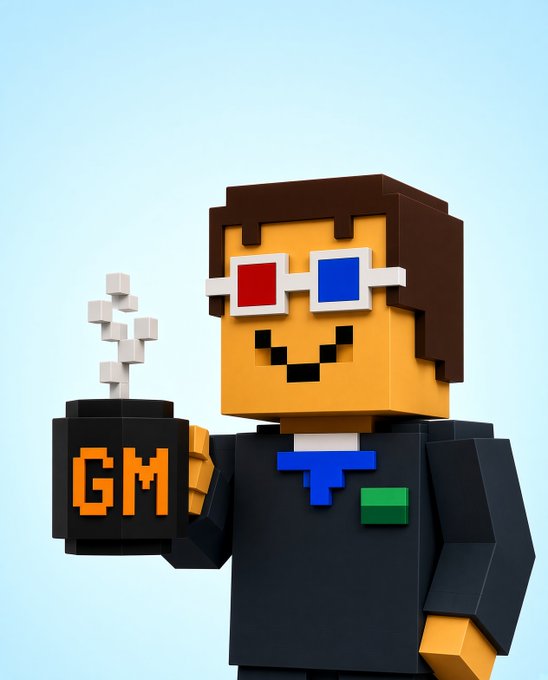 A 3D voxel/Pixel-art character with red and blue 3D glasses holding a black mug labeled 'GM' with steam rising from it.