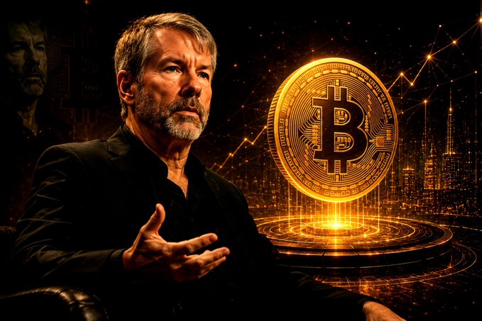 An illustrated image shows a man in a dark suit speaking, with a large golden Bitcoin coin displayed prominently next to him against a dark, networked digital background.