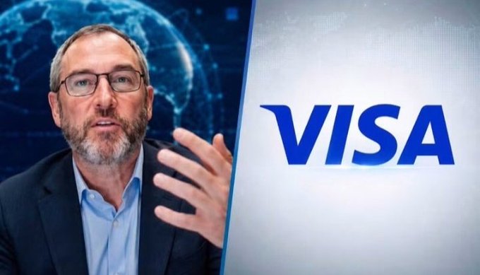 A bearded man with glasses speaks while gesturing in front of a digital globe backdrop, with the Visa logo prominently displayed on the right side of the split image. The image visually supports the post's comparison of Ripple's $16 trillion annual payments volume to major global payment networks like Visa.