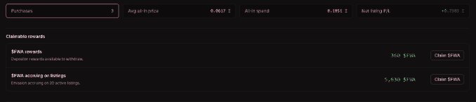 A dark-themed dashboard interface displaying tabs for 'Purchases', 'Avg all-in price', 'All-time spend', and 'Next listing P/L', along with a 'Claimable rewards' section offering 'Claim $PWA' buttons for deposit rewards and listing rewards.