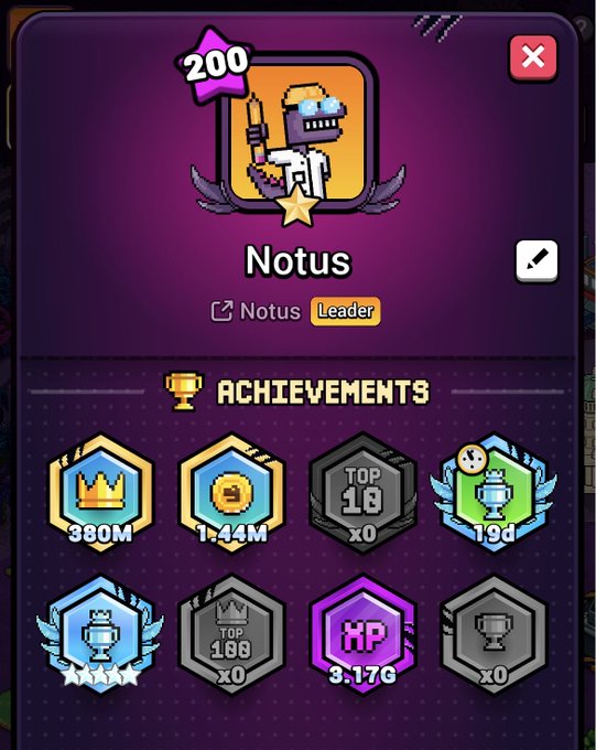 A mobile game profile screen for a player named 'Notus' displays a '200' badge, a 'Leader' tag, and various hexagonal achievement icons with stats like '380M' and '1.44M'.