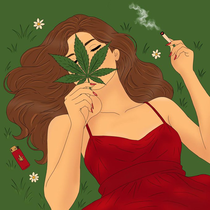 A stylized illustration of a woman in a red dress holding a cannabis leaf over her face and a lit cigarette in her other hand, lying on green grass with a red lighter nearby.
