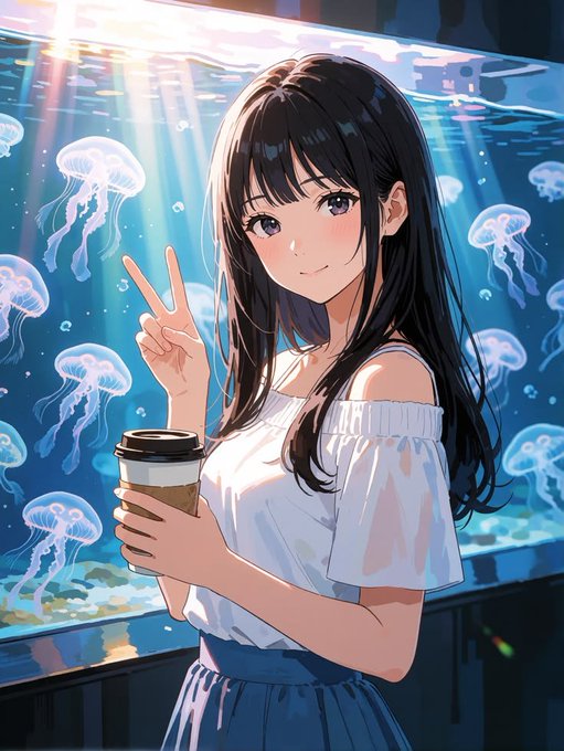 An anime-style illustration depicts a girl with long dark hair holding a coffee cup and making a peace sign in front of an aquarium filled with jellyfish.