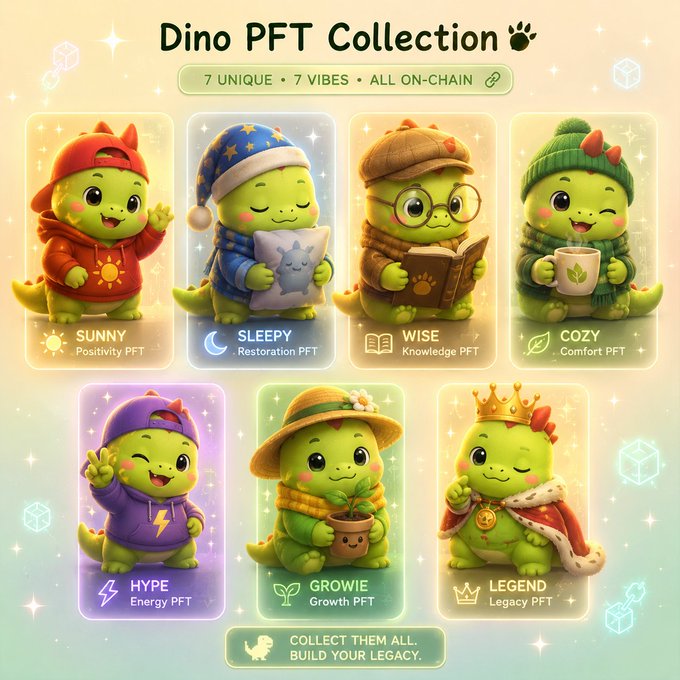 Promotional graphic for 'Dino PFT Collection' featuring 7 cute dinosaur characters labeled Sunny, Sleepy, Wise, Cozy, Hype, Growie, and Legend.