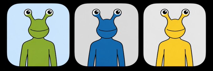 Three identical cartoon alien characters with two eyes on stalks, shown in green, blue, and yellow colors on light-colored square backgrounds.