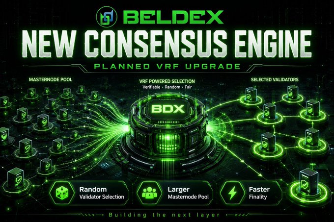 The image shows a Beldex infographic titled "NEW CONSENSUS ENGINE" advertising a "PLANNED VRF UPGRADE," highlighting features like a larger masternode pool, random validator selection, and faster finality, with green tech-style visuals of validator nodes connected to a central BDX hub. While the post discusses Beldex's privacy-focused identity layer with 6,476 BNS names onchain, the image itself focuses on the network's upcoming VRF-based consensus engine rather than the name service milestone, though both speak to Beldex's broader infrastructure development.