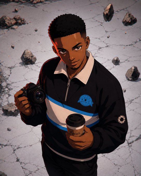 An anime-style illustration of a young man in a black and white striped shirt holding a camera and a coffee cup labeled 'FOCUS'.