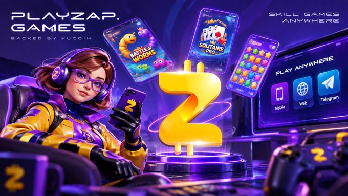 A vibrant digital advertisement for 'PLAYZAP GAMES' backed by KuCoin, featuring a female gamer character, floating phone screens showing games like 'Battle of Worms' and 'Solitaire Pro', and a large gold '2' coin.
