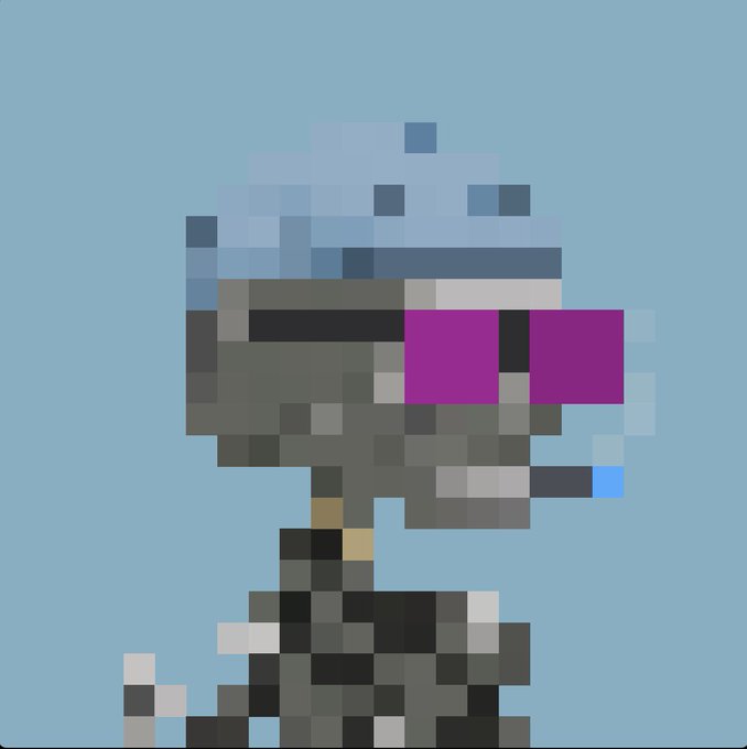 Pixel art character with a blue helmet, purple visor, and dark outfit standing against a light blue background.