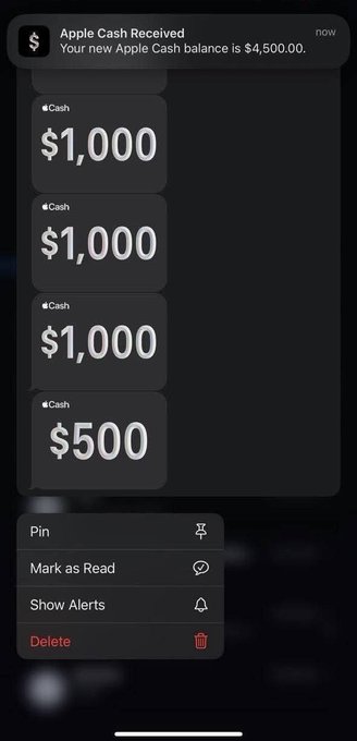 An iPhone notifications screen showing Apple Cash received alerts totaling $4,500 (three $1,000 and one $500 transactions), with options to Pin, Mark as Read, Show Alerts, or Delete.