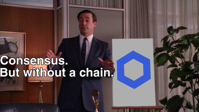 A scene resembling a 'Don't Look Up' style office setting shows a man in a suit gesturing beside a blue hexagon logo with the caption 'Consensus. But without a chain.'