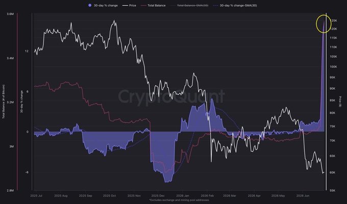 The image is a CryptoQuant chart displaying Bitcoin's price alongside a 30-day percentage change (SMA30) and total balance metrics from July 2025 to June 2026, with BTC prices ranging roughly between $58K–$120K. A yellow circle highlights a recent spike in the 30-day % change metric near the $115K–$120K price level, visually supporting the post's claim that whales have been aggressively accumulating Bitcoin, including around the $59,000 level where over 270,000 BTC were purchased.