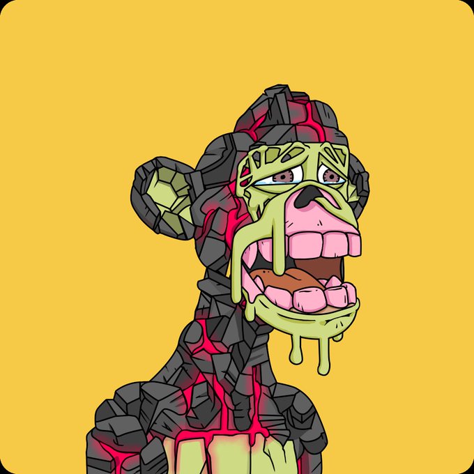 A cartoon illustration of a Bored Ape Yacht Club (BAYC) NFT character with a melting, deranged expression on a yellow background, symbolizing the intense, unchanging loyalty to the BAYC collection referenced in the caption.