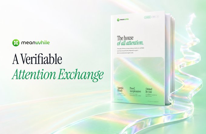 A meanwhile promotional graphic with the text 'A Verifiable Attention Exchange' alongside a stylized book titled 'The house of all attention.'