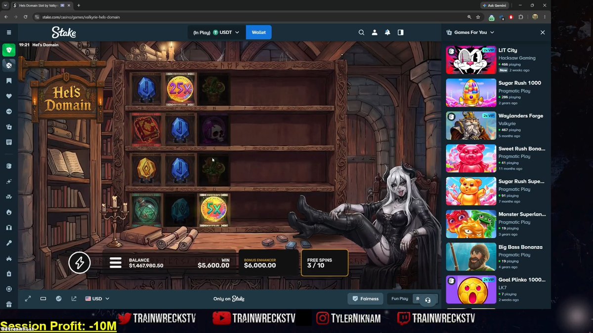 A Stake.com online casino game called 'Hel's Domain' showing a $1,467,980.50 balance, $5,600.00 win, and $6,000.00 bonus, with 'Session Profit: -10M' at the bottom alongside social media handles for TRAINWRECKSTV and TYLERNIKNAM.