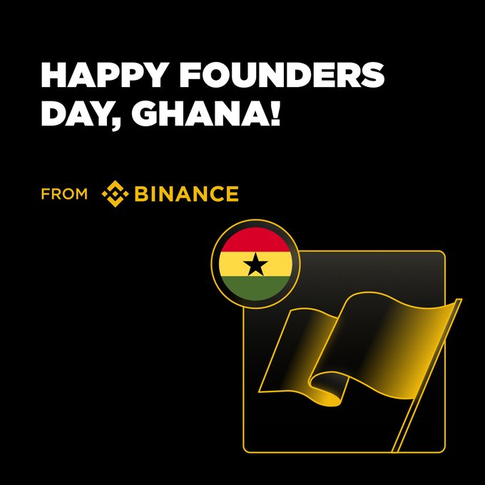 The image features a black background with bold white text reading "HAPPY FOUNDERS DAY, GHANA!" along with a "FROM BINANCE" tag displaying the Binance logo. Below, there's a stylized gold-framed illustration showing a waving gold flag and a circular badge featuring the Ghanaian flag (red, yellow, and green with a black star), celebrating Ghana's Founders' Day in a Binance-branded graphic.