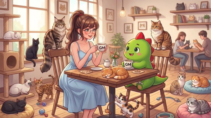 Cozy cat café illustration showing a woman with glasses holding a 'GM' mug while sitting with a green dinosaur character, surrounded by multiple cats, shelves, and other patrons.