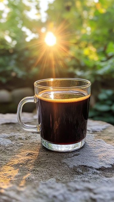 A clear glass mug of black coffee sitting on a stone surface outdoors, backlit by golden sunlight filtering through green foliage in a garden.