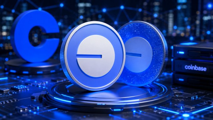 Two large blue Base cryptocurrency coins rest on a glowing circular platform atop a circuit board, with a "coinbase" branded server visible to the right and a blurred cityscape in the background, symbolizing the Coinbase Layer 2 network's Base blockchain that recently experienced consecutive block production failures.