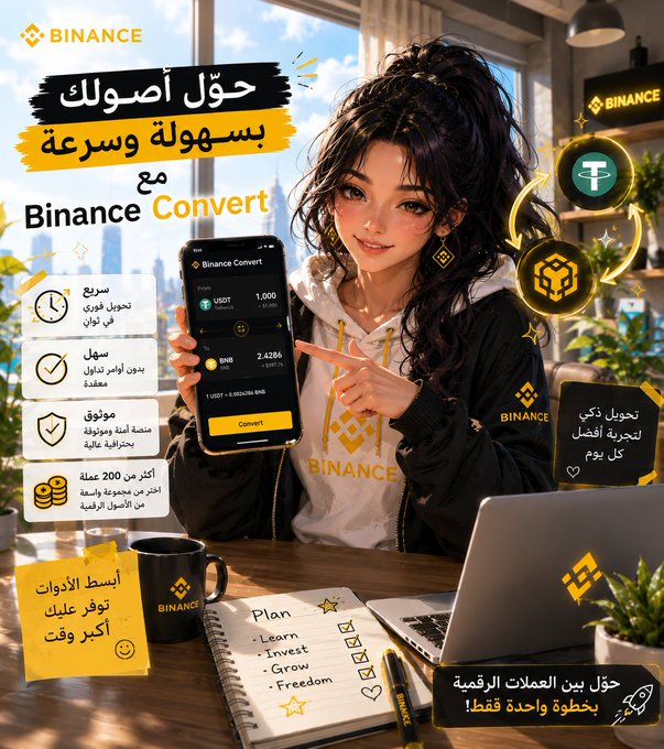 A promotional image for Binance Convert featuring a young woman holding a smartphone displaying a USDT to BNB conversion of 2.4286, with Arabic text highlighting fast, fee-free, and easy crypto swaps, alongside a notebook listing "Plan: Learn, Invest, Grow, Freedom." The visual emphasizes the simplicity and convenience of Binance Convert for trading over 200 digital assets, reinforcing the post's message about how straightforward tools can save time for users.