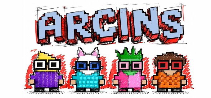 This image displays the "ARCINS" logo in pixelated lettering above four distinct pixel art characters, which are featured in the giveaway details. The characters are likely the NFTs being offered.