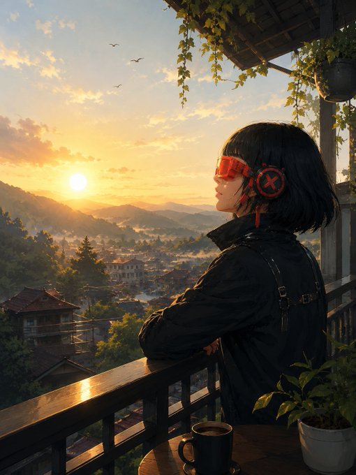 An anime-style illustration of a girl with short black hair wearing red headphones and goggles, gazing at a sunset over a mountainous landscape from a balcony.