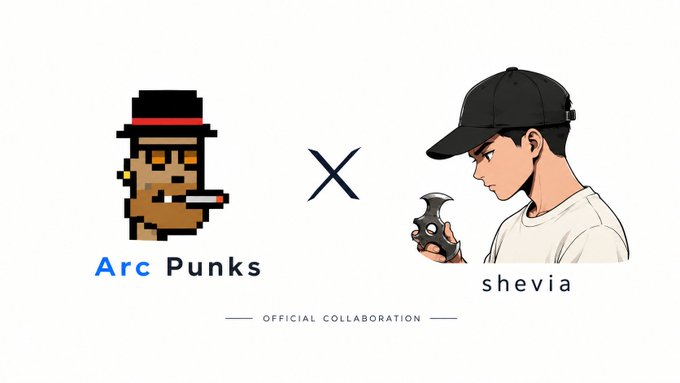 The image promotes an official collaboration between **Arc Punks** and **shevia**, featuring the Arc Punks pixel-art character on the left and a stylized illustration of a person holding a controller on the right, separated by an "X" and labeled "OFFICIAL COLLABORATION." This visual pairs with the post announcing a giveaway of 15 GTD spots to the Arc Punks community for a chance to join the project.