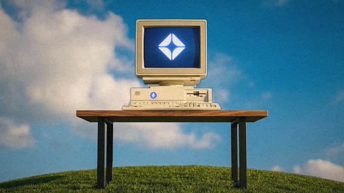 A surreal scene of a vintage beige desktop computer on a wooden table placed on a grassy hill against a blue cloudy sky, with the Ethereum logo glowing on its monitor.