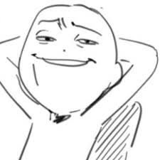 A black and white line drawing of a smiling, blissful character with hands behind their head, commonly known as the 'Chill Guy' meme.