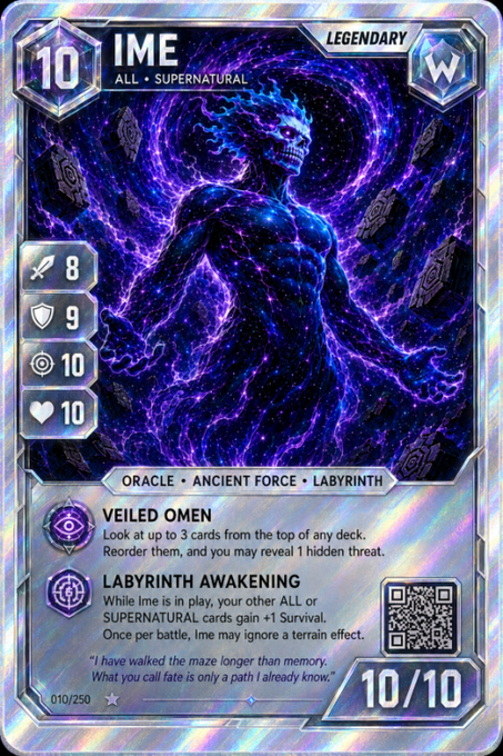 The image features a silver card with purple text that reads "IME" and "10 All Supernatural Legendary". The card also includes various options, such as "Oracle", "L labyrinth force", "Labyrinth waking", "LADRING", "Walking", "WALKING", "WALKING", "WALKING", "WALKING", "WALKING", and "WALKING". The text on the card suggests that it is a trading card for an online game, possibly related to ancient forces or labyrinths.