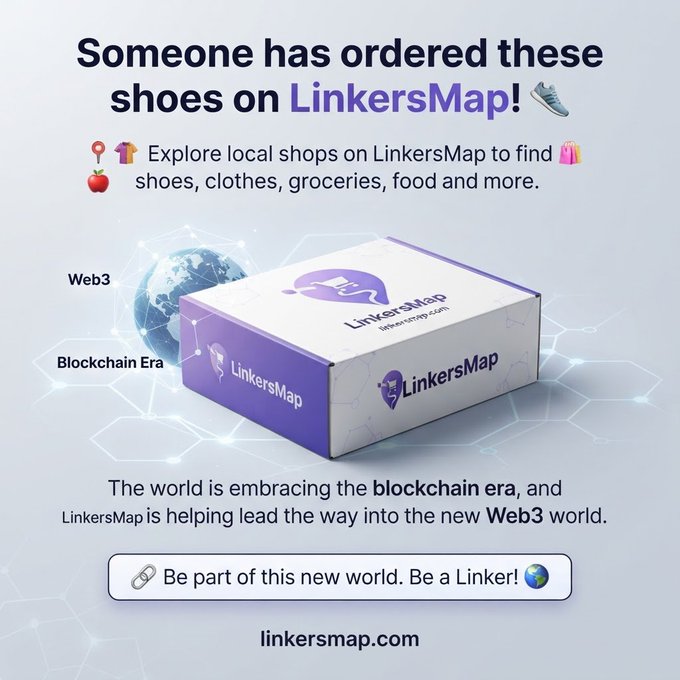 A LinkersMap promotional graphic announcing shoe orders placed on the platform, featuring a 3D purple LinkersMap box and text promoting the Web3 blockchain-era marketplace for local shops, with the website 'linkersmap.com'.