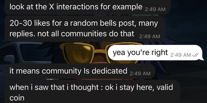 A chat screenshot discussing X/Twitter community engagement metrics like likes and replies, with a user noting 'yea you're right' in response to community dedication.