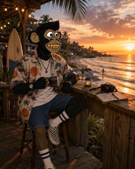A monkey wearing a Hawaiian shirt, denim shorts, and checkered Vans sits on a stool at a beachside bar at sunset, holding a cup with a small red devil figure on its shoulder.