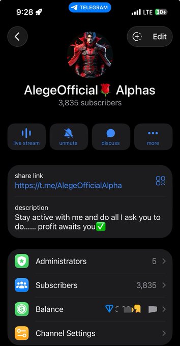 The image shows a Telegram channel called "AlegeOfficial🌹 Alphas" with 3,835 subscribers, featuring a description that reads "Stay active with me and do all I ask you to do...... profit awaits you ✅." This aligns with the post's promotion of the Telegram channel as a source of profitable trading alphas and opportunities outside of platform X.