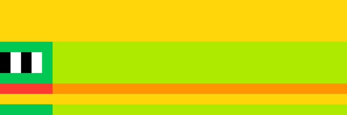 A green, yellow, orange, and red flag features a small emblem with black and white squares on a green band.