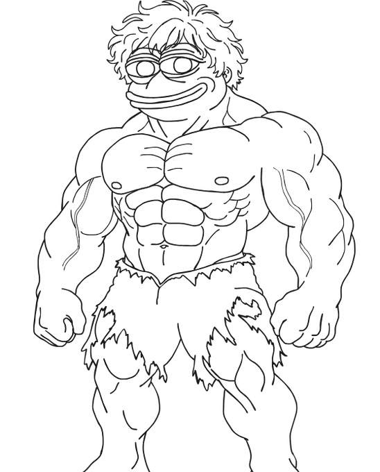 A black-and-white line art drawing of a massively muscular anthropomorphic version of Pepe the Frog wearing torn shorts.