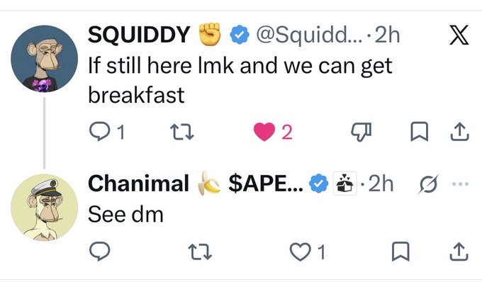 The image shows a Twitter exchange where Bored Ape Yacht Club members Squiddy (@Squiddy) and Chanimal ($APE) coordinate meeting up for breakfast, with Squiddy inviting and Chanimal responding "See dm"—illustrating the post's theme that reaching out to fellow BAYC members in your city is simply "code" within the community.