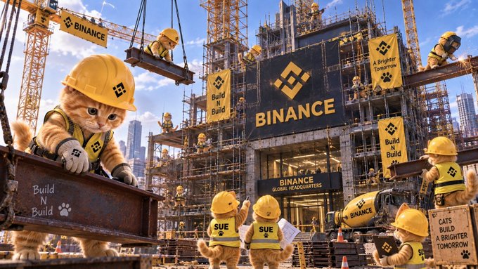 An image showing cats wearing yellow hard hats and safety vests working at a construction site for "BINANCE Global Headquarters," with banners reading "Build N Build" and "A Brighter Tomorrow," illustrating Sue's role in building a brighter future for BNB Chain.