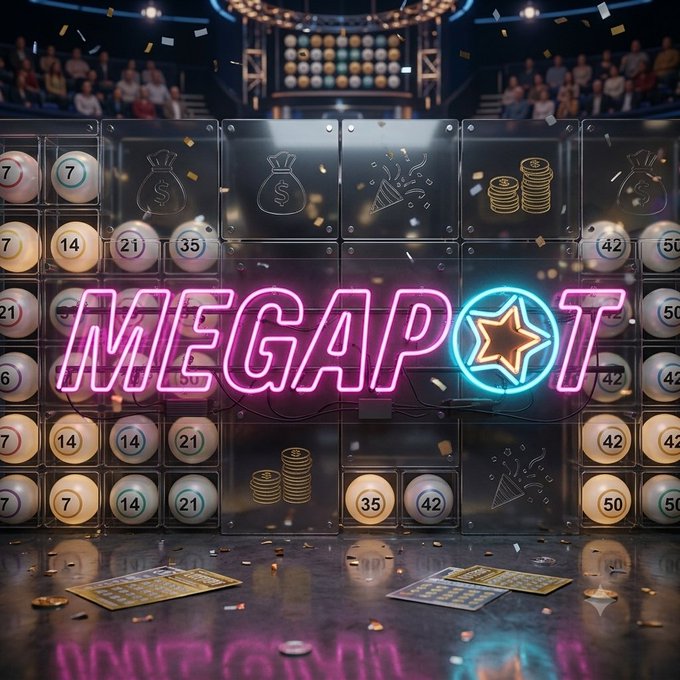 A 3D-rendered lottery or bingo game scene featuring a glowing pink neon sign that reads 'MEGAPOT' with a star, surrounded by numbered balls, coins, and party poppers.