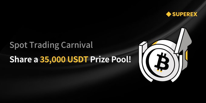 The image is a promotional banner for SuperEx's "Spot Trading Carnival" event, featuring a black background with the Superex logo and a stylized Bitcoin graphic with an upward arrow, highlighting the 35,000 USDT prize pool for the trading competition running September 1-10.