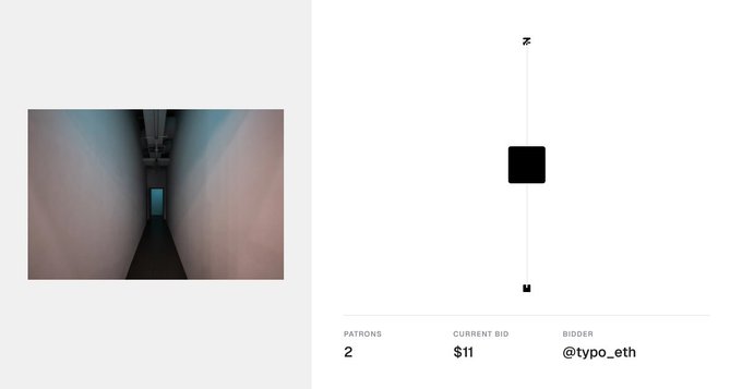 A digital art marketplace listing shows a minimalist black-and-white NFT piece with a current bid of $11 from bidder @typo_eth.