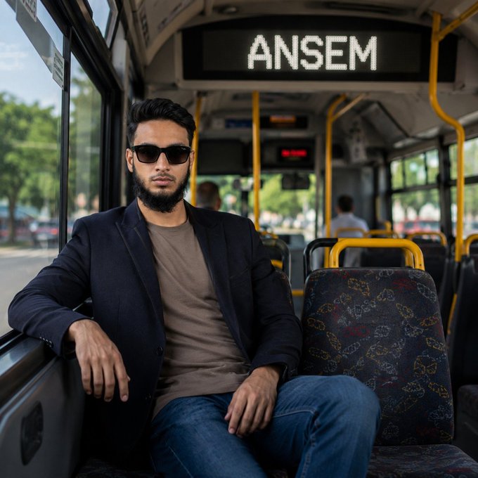 A man with a beard and sunglasses wearing a dark blazer and brown t-shirt sitting on a bus with a digital sign reading 'ANSEM' above.