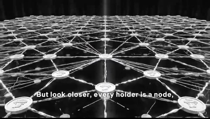 A black and white graphic of a network grid with interconnected nodes, featuring the caption "But look closer, every holder is a node,"
