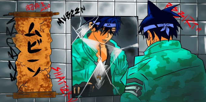 An anime-style illustration showing a blue-haired character in a teal jacket looking at their reflection in a cracked mirror, with stylized red and black graffiti text on the surrounding tiled walls.