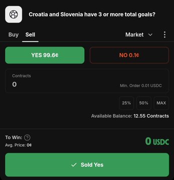 The image features a green phone screen displaying information about a sports betting app, specifically focused on the recent events during a soccer match between Croatia and Slovenia. The main content of the app includes a button for placing a bet with options for Yes (99.6 Euro), No (0.1 Euro), and Sell (0.86 Euro). There is also an option to sell a bet that was successful, which would return the money received from the winning bet back into the pool to be used for future bets. The user will have to place at least 10 more successful bets before they can buy their first NFT with a 50% commission. The app suggests that the total goals scored by both teams are 3 or more in favor of Croatia and Slovenia, indicating favorable odds for the betters.